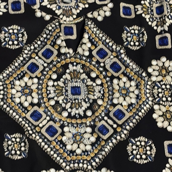 JM Collection Women Top Sz 3X Black Tan Royal blue Gem Print Keyhole Blouse - Picture 2 of 8